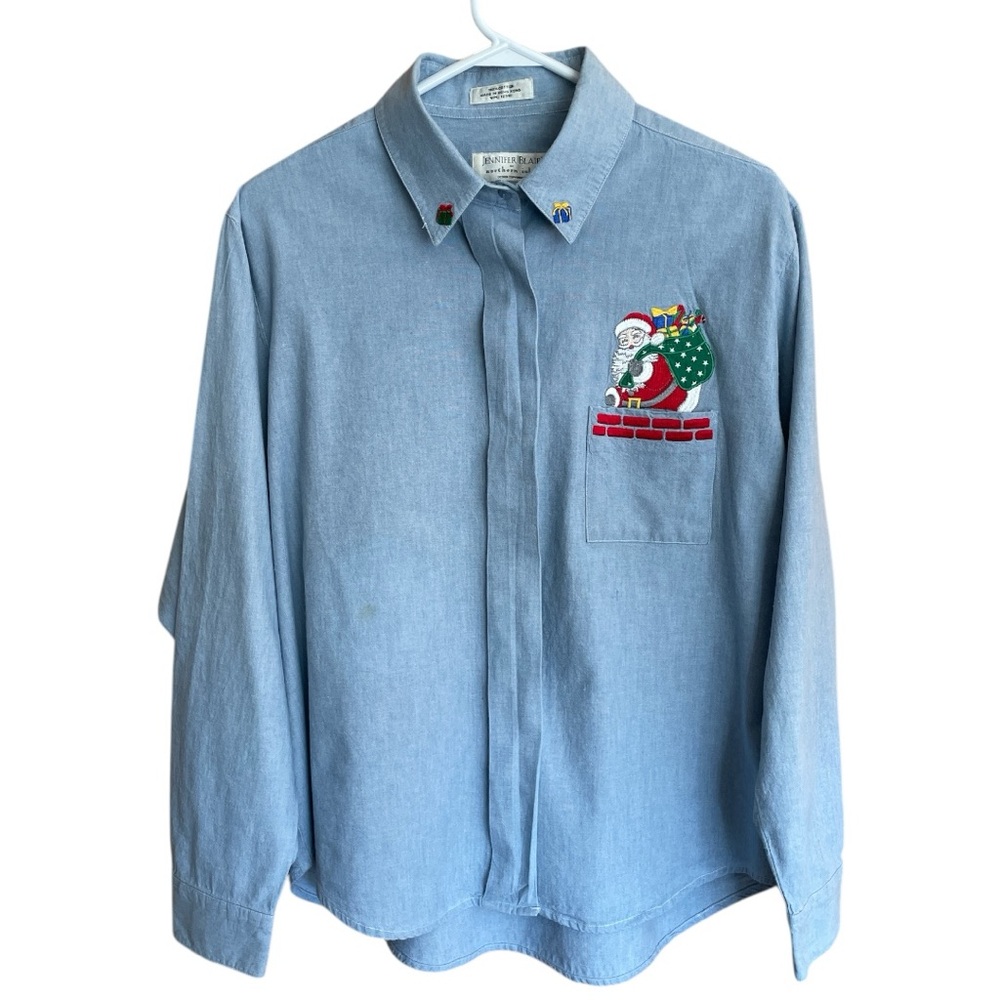 Women's Blue Chambray Santa Embroidered Shirt Jennifer Blair Northern Isles 16